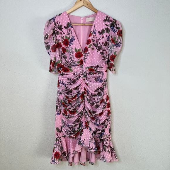 Keepsake the Label Pink Floral Ruched Puff Sleeve Ruffle Trim Mini Dress - Picture 5 of 8
